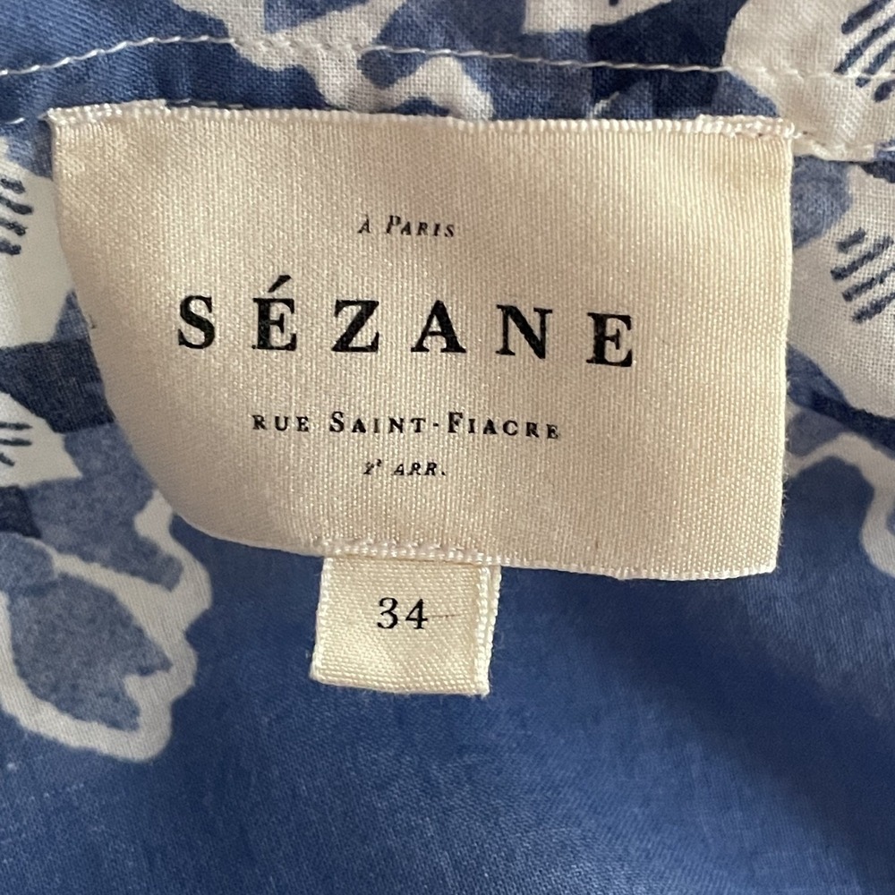 Sézane Pierro Shirt 34 XS Blue White Floral Organic Cotton Button Front Portugal - Picture 2 of 11